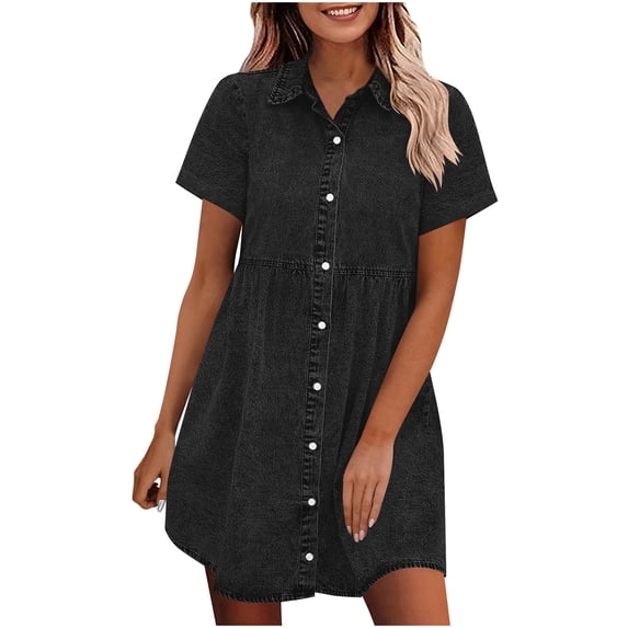 Women's Denim Mini Dress Casual Short Sleeve Lapel Button Dress High Waisted A-Line Short Dresses
