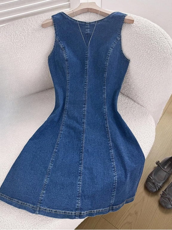 Women's Denim Mini Dress Round Neck Sleeveless Backless Tie Up A-Line Short Dress Elegant French Style for Date Night & Party Wear