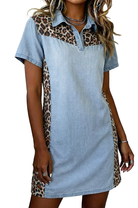 Women's Denim Mini Dress – Short Sleeve Leopard Print Patchwork Shift Dress for Daily Wear, S