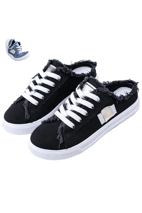 Women's Denim Mule Sneakers, Comfortable Round Toe Low Tops Lace-Up Slip-on Shoes, Breathable Canvas Backless Soft Sole Flats