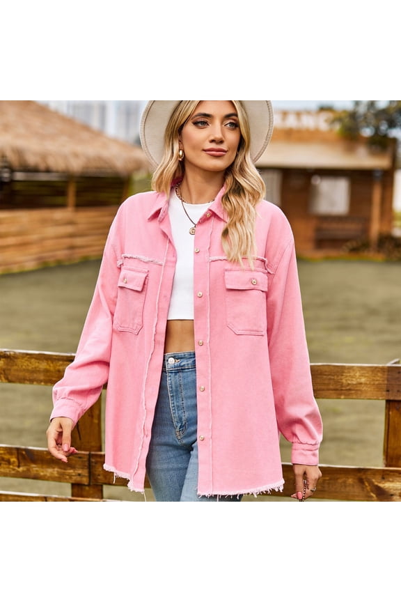 Women's Denim Outerwear Clothing Jean Jacket Decorative Pocket Long Sleeve Coat for Female