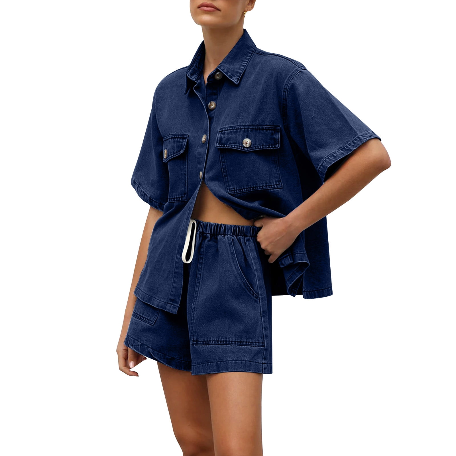 Women's Denim Outfits Short Sleeve Button Shirt Drawstring Shorts Jean — free download