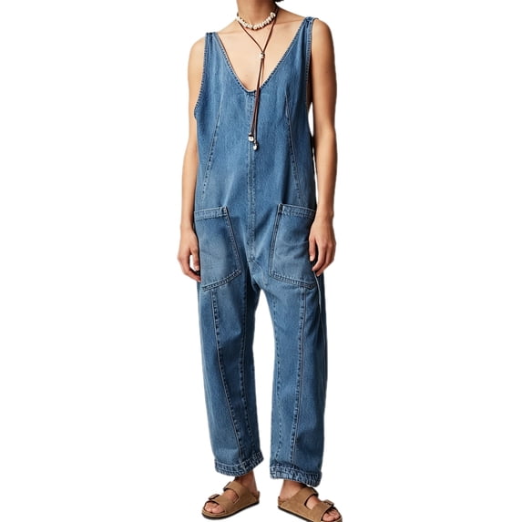 Women's Denim Overall Jumpsuits Sleeveless V Neck Long Pants Rompers