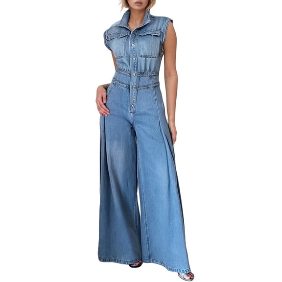 Women’s Denim Overalls Loose Fit Stretchy Baggy Overall Bib Wide Leg Casual Jean Jumpsuits,Blue,XXL