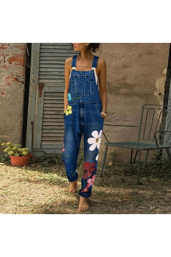 Women's Denim Overalls, Sleeveless Cartoon Print Jumpsuit Romper, Casual Bib Overalls for Women, Trendy Street Style Jumpsuit for Spring Summer Fall Winter Daily Wear-Dark Blue