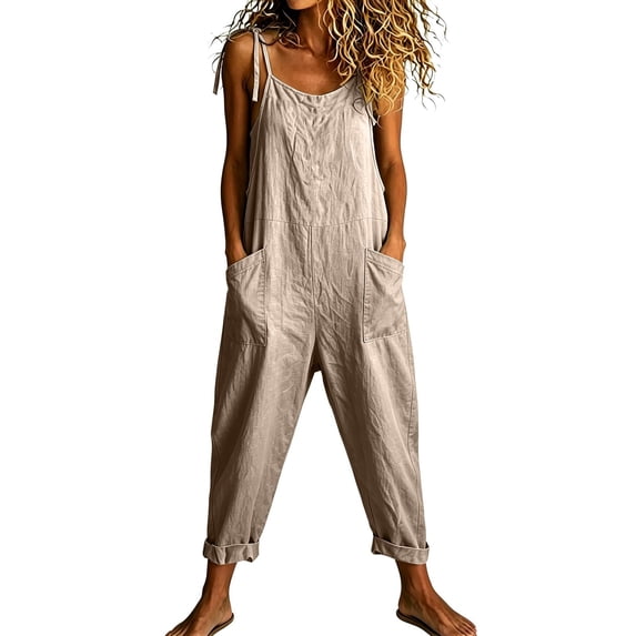 Women's Denim Overalls, Solid Color Casual Jumpsuit With Pocket & Drawstring, Loose Bib Pants For Farmhouse Style Khaki L