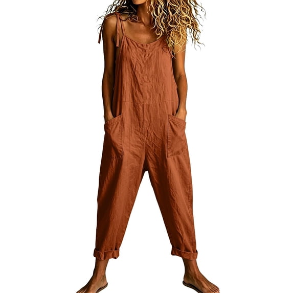Women's Denim Overalls, Solid Color Casual Jumpsuit With Pocket & Drawstring, Loose Bib Pants For Farmhouse Style Orange L