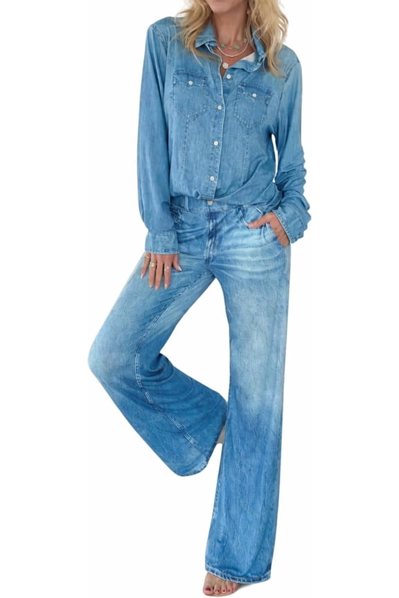 Women’s Denim Pajamas Set - Soft Stretch Denim PJs for Women with Relaxed Top and Flowing Lounge Pants