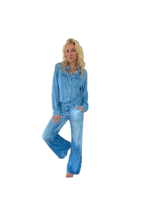 Women's Denim Pajamas Set Soft Stretch Denim PJs for Women with Relaxed Top and Flowing Lounge Pants
