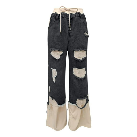 Women's Denim Pants with Stitching and Ripped Design Jeans Fall Drawstring Elastic Waist Wide Leg Fashion Trousers S-3XL