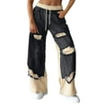 thumbnail image 1 of Women's Denim Patch Sweatpants Elastic Waist Wide Leg Straight Pants with Pockets Navy XL, 1 of 3