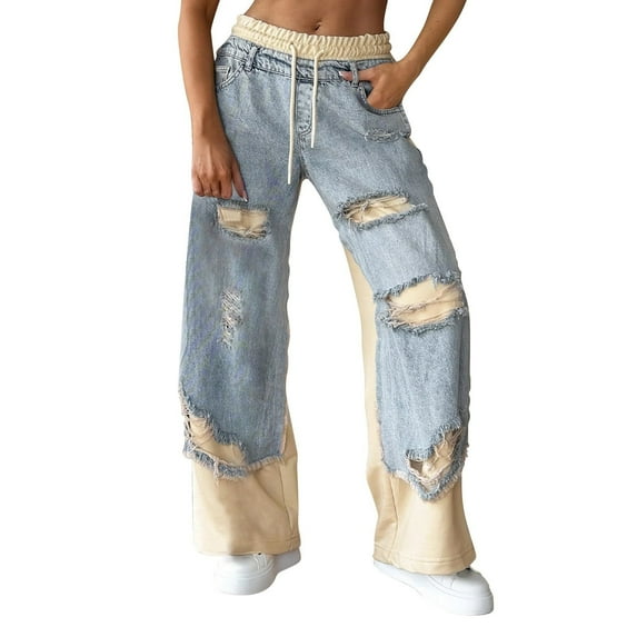 Women's Denim Patch Sweatpants Elastic Waist Wide Leg Straight Pants with Pockets Sky Blue XL