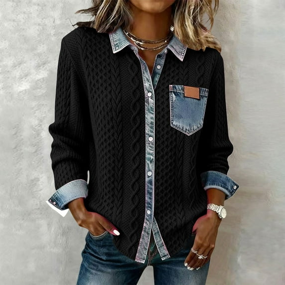 Women's Denim Patchwork Button Up Cardigan, Lapel Collar Long Sleeve Knit Sweater for Fashion Casual Outfits, Versatile Layering Piece for Spring and Autumn, Stylish Open Front Jacket Black L