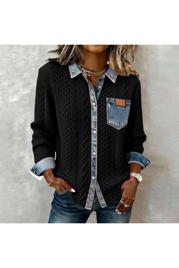 Women's Denim Patchwork Button Up Cardigan, Lapel Collar Long Sleeve Knit Sweater for Fashion Casual Outfits, Versatile Layering Piece for Spring and Autumn, Stylish Open Front Jacket Black L