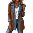 thumbnail image 1 of Women’s Denim Patchwork Cardigan Jacket Long Sleeve Button Down Lapel Casual Outerwear with Pockets, 1 of 5