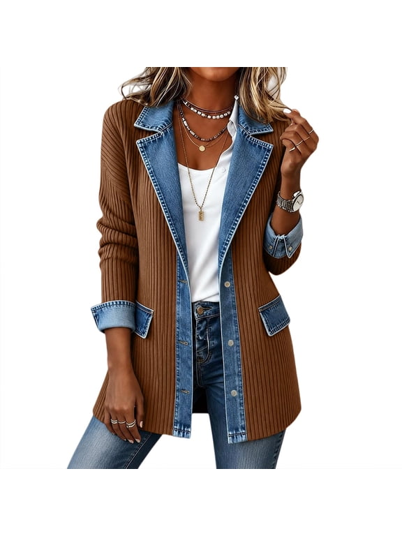 Women’s Denim Patchwork Cardigan Jacket Long Sleeve Button Down Lapel Casual Outerwear with Pockets