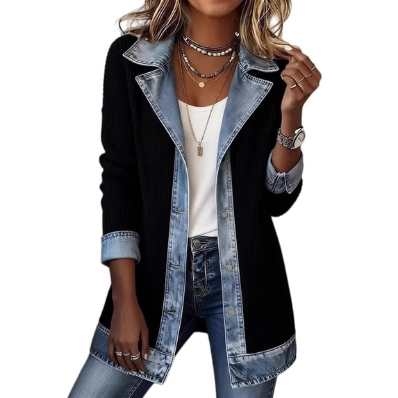Women’s Denim Patchwork Cardigan Jacket Long Sleeve Button Down Lapel Casual Outerwear with Pockets