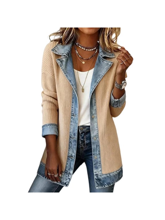 Women’s Denim Patchwork Cardigan Jacket Long Sleeve Button Down Lapel Casual Outerwear with Pockets