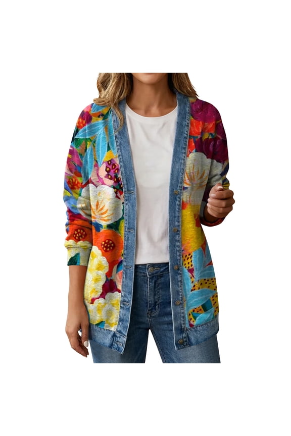 Women's Denim Patchwork Floral Print Cardigan Top Long Sleeve Open Front Casual Button Down Jacket
