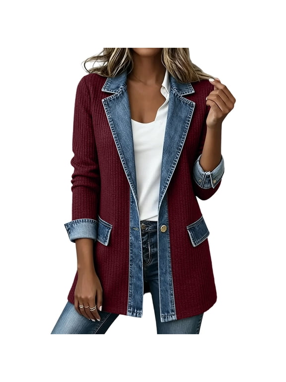 Women's Denim Patchwork Knit Blazer Notched Lapel Long Sleeve Sweaters Coat One Button Loose Casual Fashion Jacket with Pockets Wine
