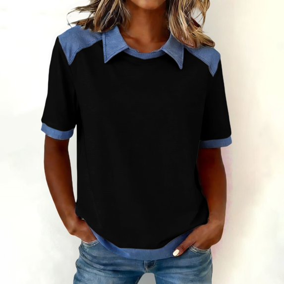 Women's Denim Patchwork Lapel Collar T-Shirt, Short Sleeve Casual Pullover Top, Soft Loose Fit Streetwear Shirt for Daily Wear and Casual Summer Outfits Black L
