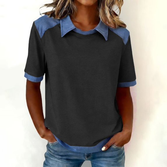 Women's Denim Patchwork Lapel Collar T-Shirt, Short Sleeve Casual Pullover Top, Soft Loose Fit Streetwear Shirt for Daily Wear and Casual Summer Outfits Dark Gray XXXL