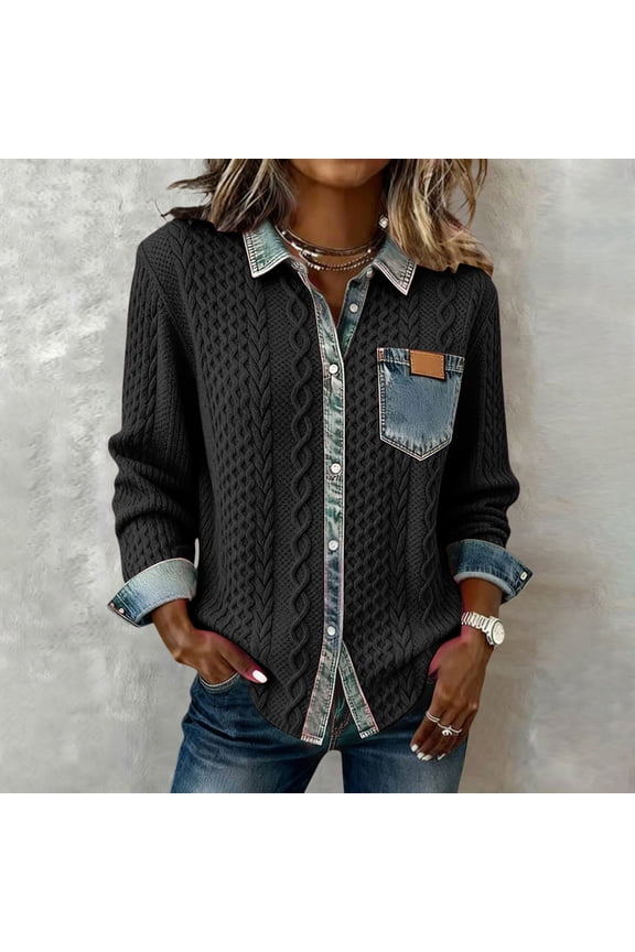 Women's Denim Patchwork Long Sleeve Shirt, Knit Collar Button Down Blouse, Casual Chic Pullover Top for Daily Wear, Weekend Outings and Easy Styling Black M