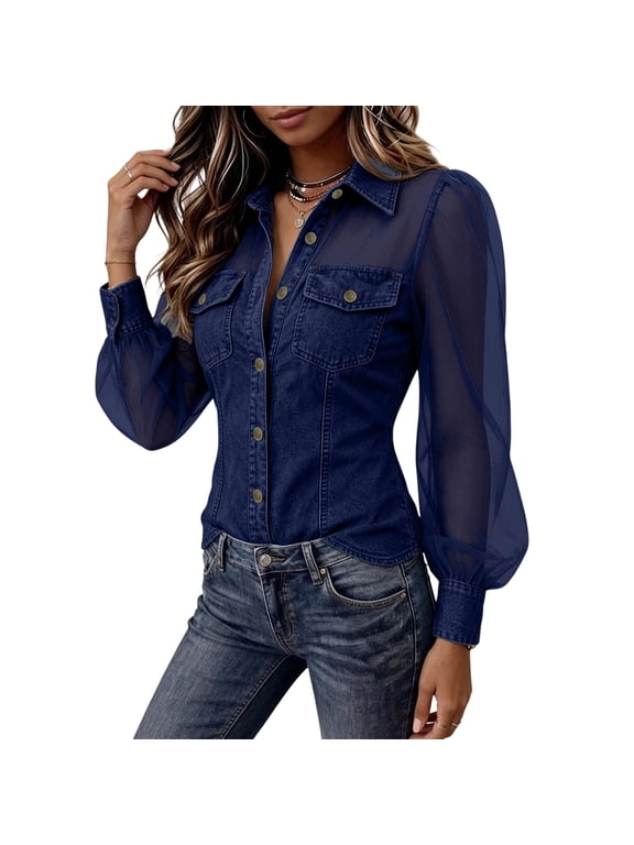 Women's Denim Patchwork Mesh Puff Long Sleeve Button Down Shirt Lapel Pocket Western Stylish Blouses Casual Club Daily Versatile Top Dark Blue M