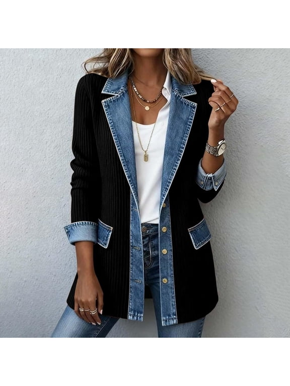 Women's Denim Patchwork Ribbed Knit Cardigan Lapel Long Sleeve Button Down Casual Open Front Lightweight Jacket Black M