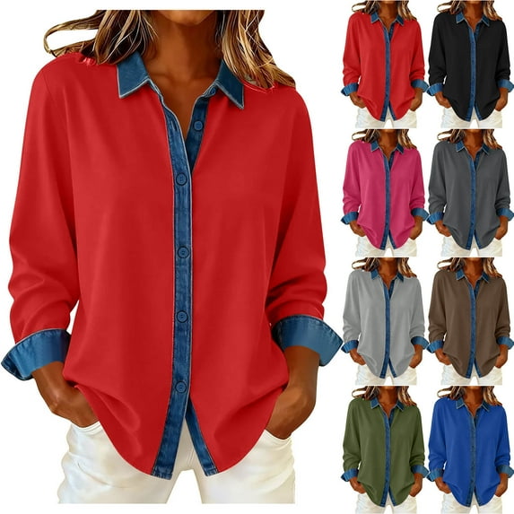 Women's Denim Patchwork Shirts Vintage Western Button Up Lapel Blouse Long Sleeve Loose Dressy Casual Top