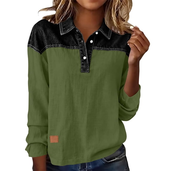 Women's Denim Patchwork Sweatshirts Henley Button Lapel Collar Long Sleeve Shirt Color Block Loose Fit Pullover Top
