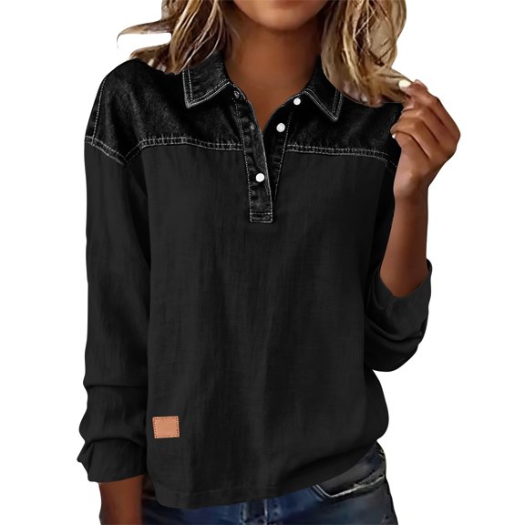 Women's Denim Patchwork Sweatshirts Henley Button Lapel Collar Long Sleeve Shirt Color Block Loose Fit Pullover Top