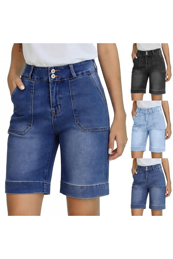 Women's Denim Patterned Fashion Shorts, Elastic Waistband Flattering Silhouette Finish, Functional Side Pockets Faux Denim Lightweight Mesh Matrix, Everyday Casual Daily Wear Travel | Velmuse