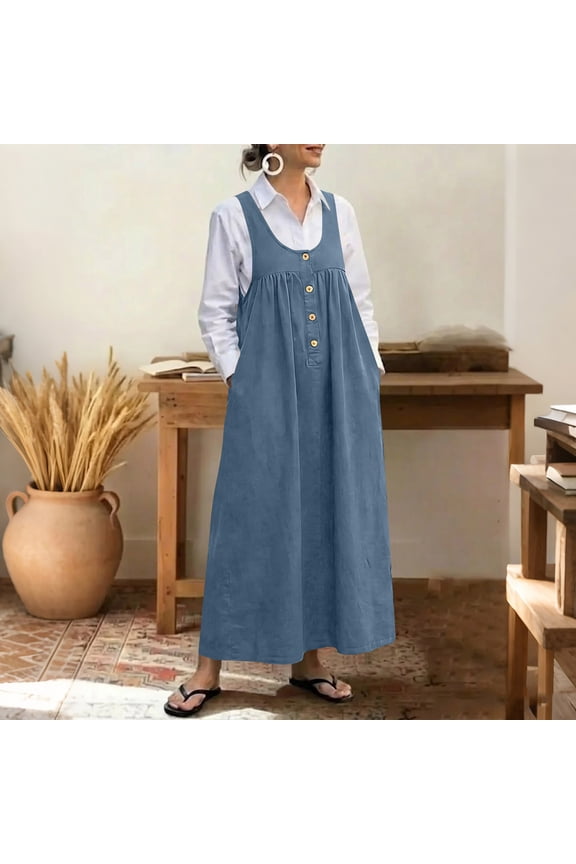 Women's Denim Pintuck Jumper Dress with Adjustable Ties, Button-Front Placket, Side Pockets