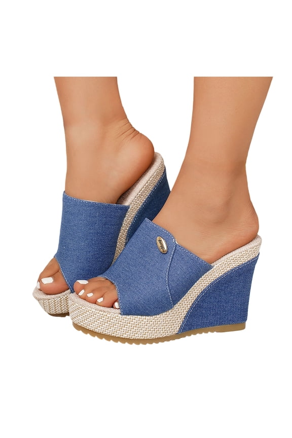 Women's Denim Platform Slide Sandals with Double Buckles Comfortable Open Toe Chunky Wedge High Heels Slip on Summer Slides for Vacation Beach (8.5,Blue)