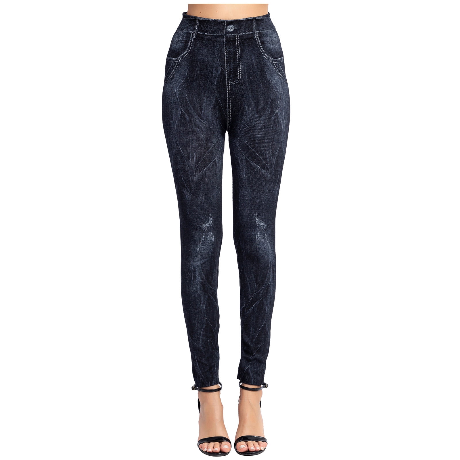 Women's Denim Print Fake Jeans Look Like Leggings Sexy Stretchy High