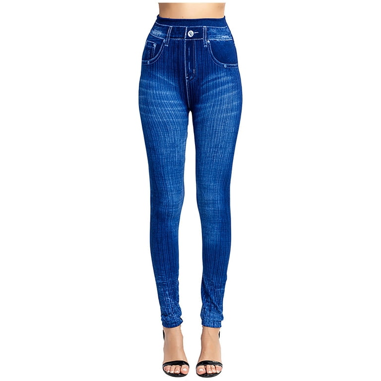 Women's Denim Print Fake Jeans Look Like Leggings Sexy Stretchy High Waist  Slim Skinny Jeggings with Pockets, S-3XL 