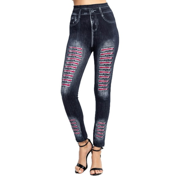 Women's Denim Print Fake Jeans Look Like Leggings Sexy Stretchy High Waist Slim Skinny Jeggings Tights for Women