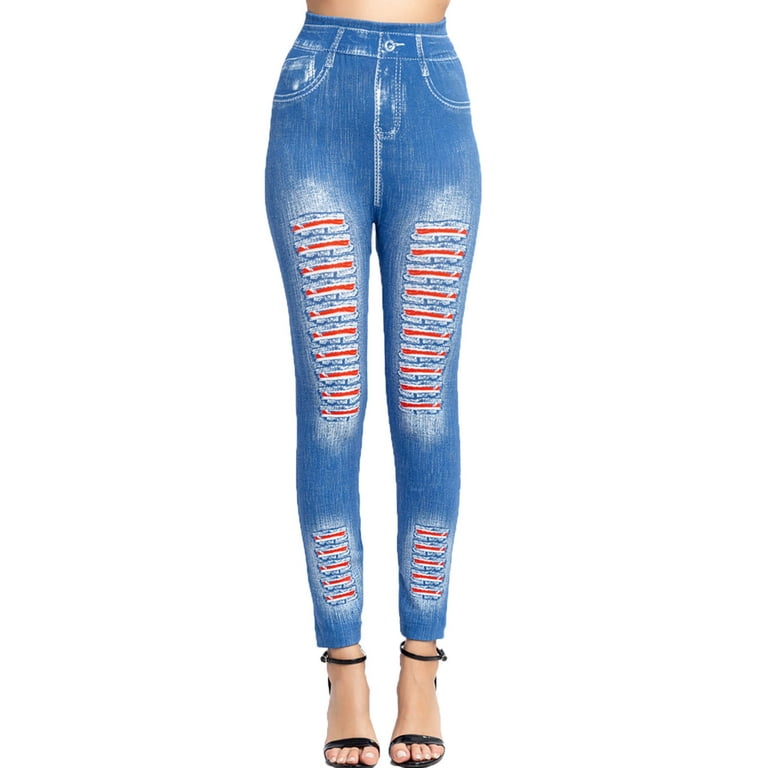 Women's Denim Print Fake Jeans Look Like Leggings Sexy Stretchy High Waist  Slim Skinny Jeggings Tights for Women