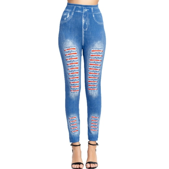 Women's Denim Print Fake Jeans Look Like Leggings Sexy Stretchy High Waist Slim Skinny Jeggings Tights for Women