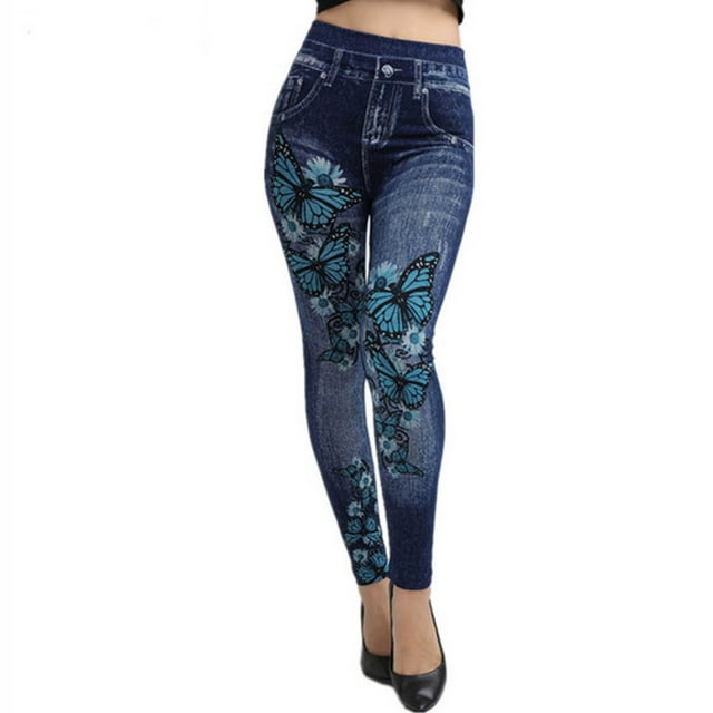 Women's Denim Print Fake Jeans Look Like Leggings Sexy Stretchy High