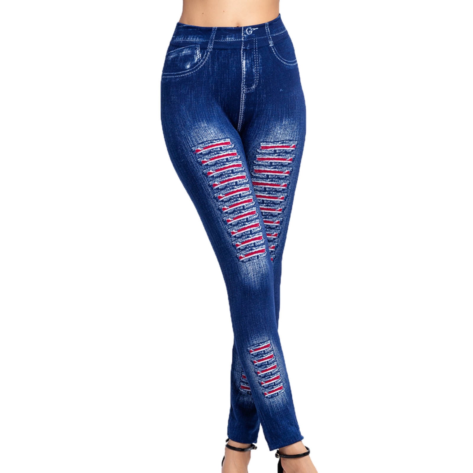Imitation Jeans Leggings High Waist Scratched Slim-fitting Faux
