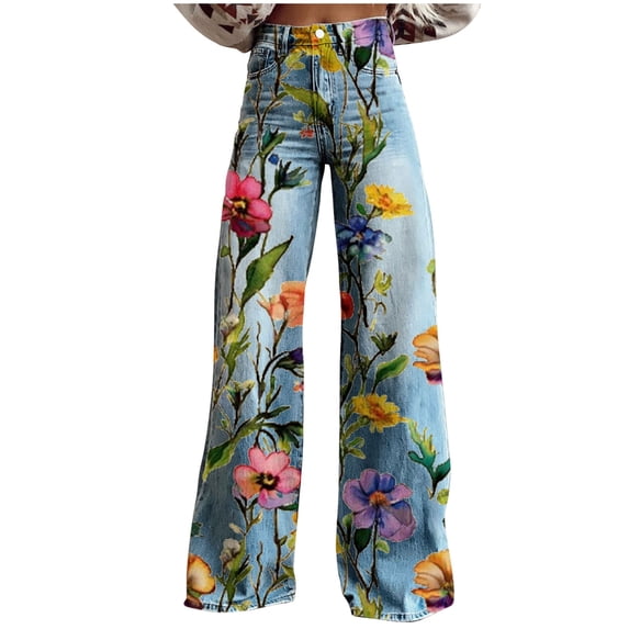 Women's Denim Print Fake Jeans Wide Leg Hight Rise Y2k Boyfriend Bohemian Floral Print Baggy Jeans