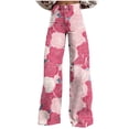 thumbnail image 1 of Women's Denim Print Fake Jeans Wide Leg Hight Rise Y2k Boyfriend Bohemian Floral Print Baggy Jeans, 1 of 6