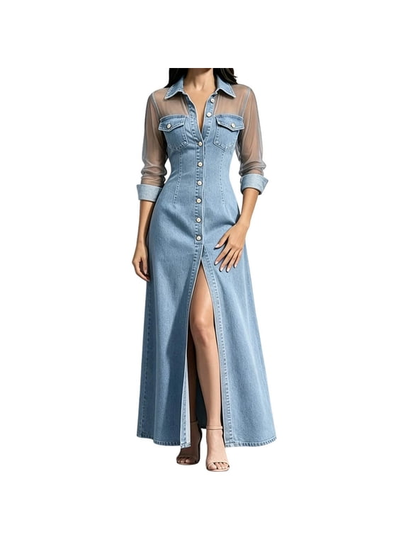 Women's Denim Print Maxi Shirt Dress Mesh Patchwork Long Sleeve Button Down A-Line Flowy High Slit Casual Party Dress with Collar