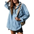 thumbnail image 1 of Women's Denim Pullover Blouse with Button V-Neck, Loose Fit Long Sleeve Jean Jacket with Pocket, Casual Comfortable Shirt for Everyday Wear and Versatile Layering BU2 L, 1 of 6