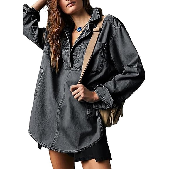 Women's Denim Pullover Blouse with Button V-Neck, Loose Fit Long Sleeve Jean Jacket with Pocket, Casual Comfortable Shirt for Everyday Wear and Versatile Layering Grey M
