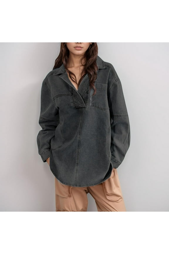 Women's Denim Pullover - Casual Button V Neck Blouse Loose Fit Long Sleeve Jean Jacket with Pocket