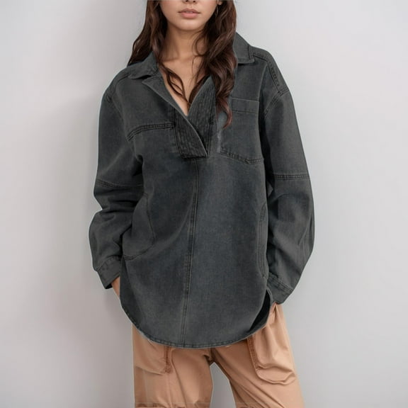 Women's Denim Pullover - Casual Button V Neck Blouse Loose Fit Long Sleeve Jean Jacket with Pocket