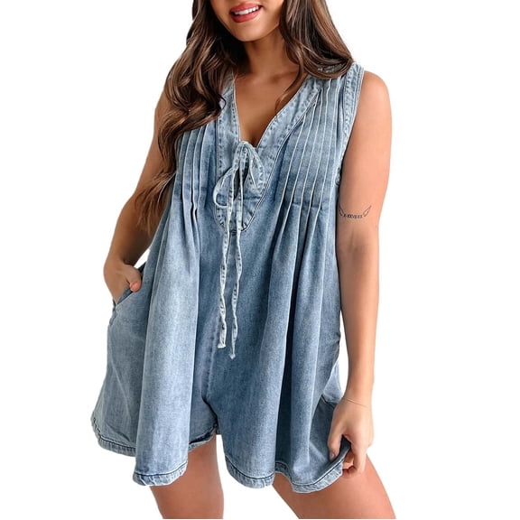 Women's Denim Romper Jumpsuit Sleeveless Tie Front Casual Summer Overalls Shorts with Pocket Comfortable Stylish Outfit